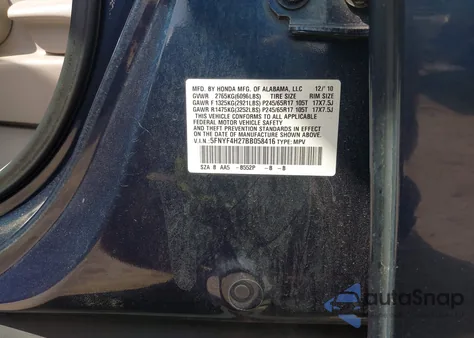 2011 Honda Pilot Lx from USA, damaged, VIN 5FNYF4H27BB058416